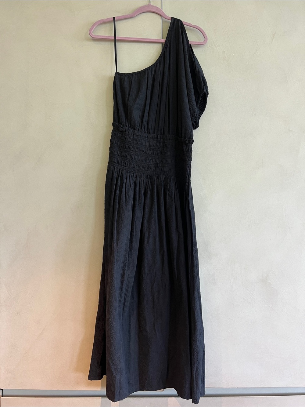 Apiece apart One-Shoulder Black Cotton Seersucker Maxi Dress